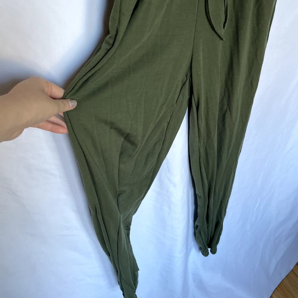 olive green button front drawstring waist jumpsuit pockets women's size small - Picture 4 of 8